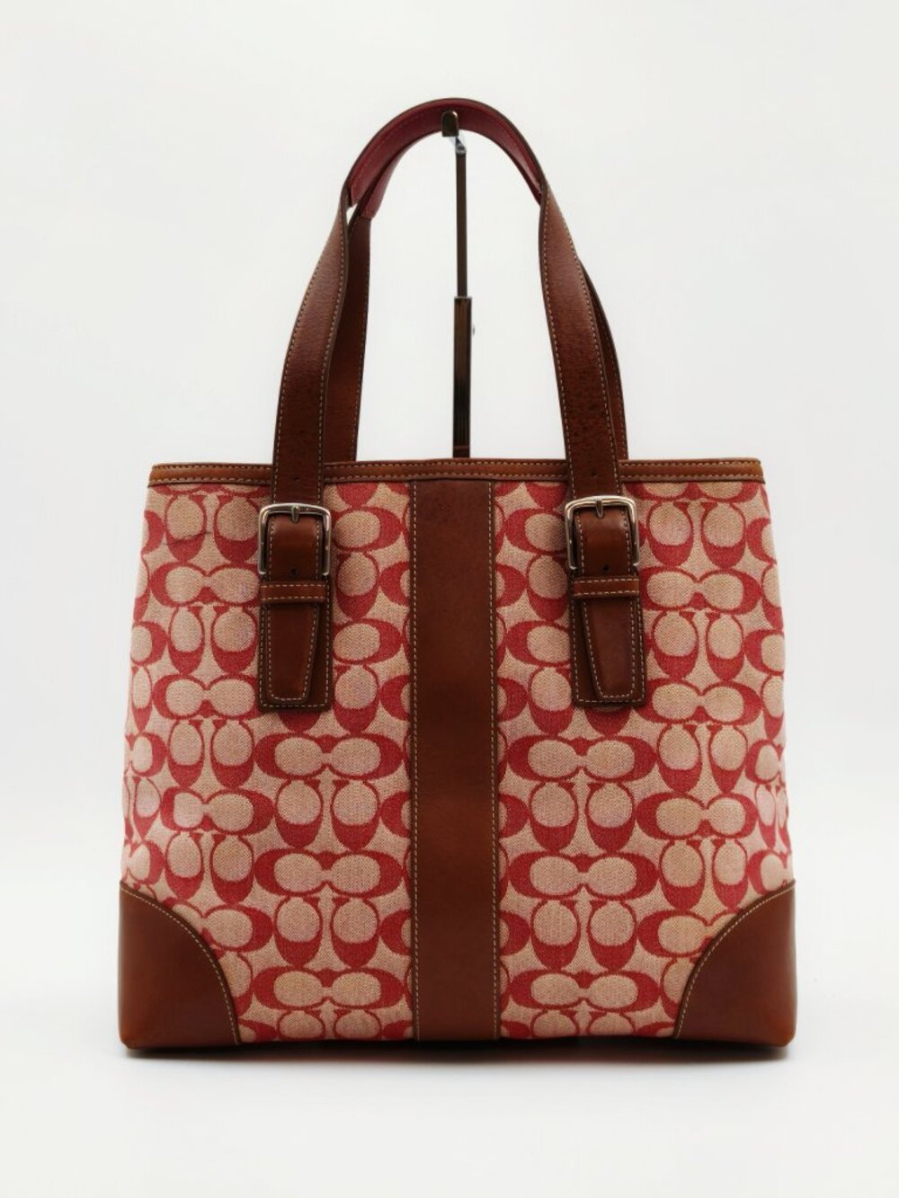 Coach Signature C Canvas Tote Bag Red Tan Brown Leather Large Shoulder Bag